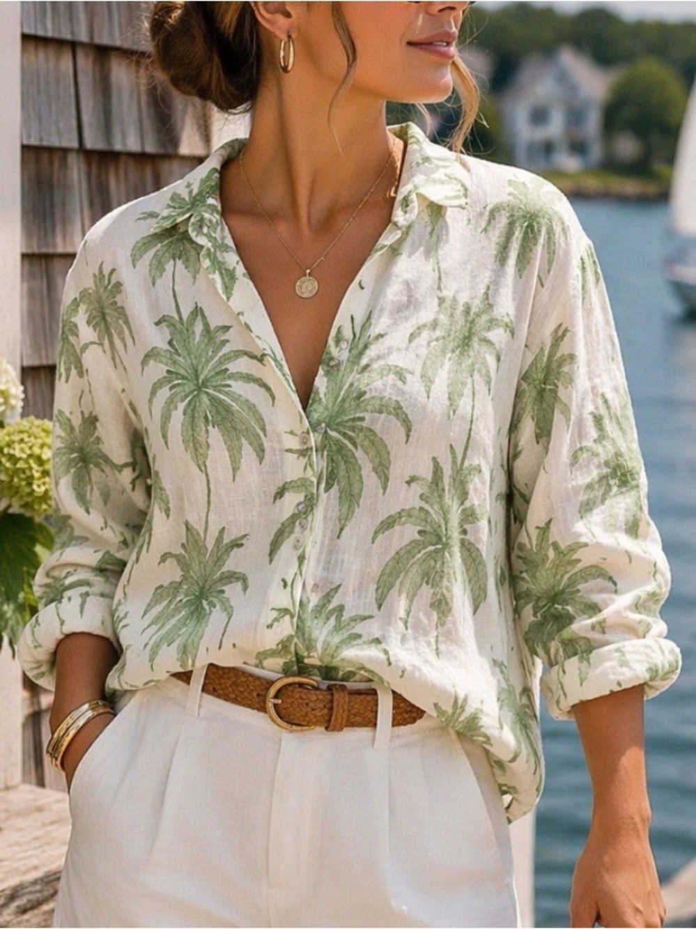 Tahari 100% Linen White Button-Front Shirt with Green Palm Print